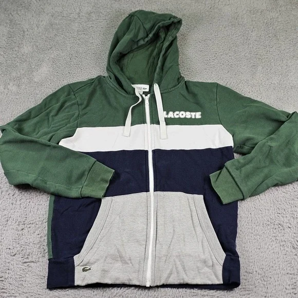 Lacoste Sport Hoodie Mens Medium Green White Navy Full Zip Sweatshirt Jacket - Picture 2 of 10